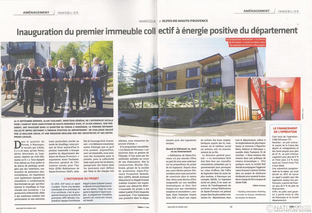 NaturARCH, Article TPBM Architecture durable 35 logements à énergie positive, batiment collectif bepos, Manosque, Alpes-de-Haute-Provence