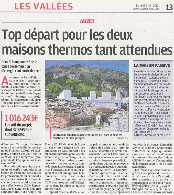 NaturARCH, Presse La Provence, Architecture durable, Maison passive Auzet, Alpes-de-Haute-Provence