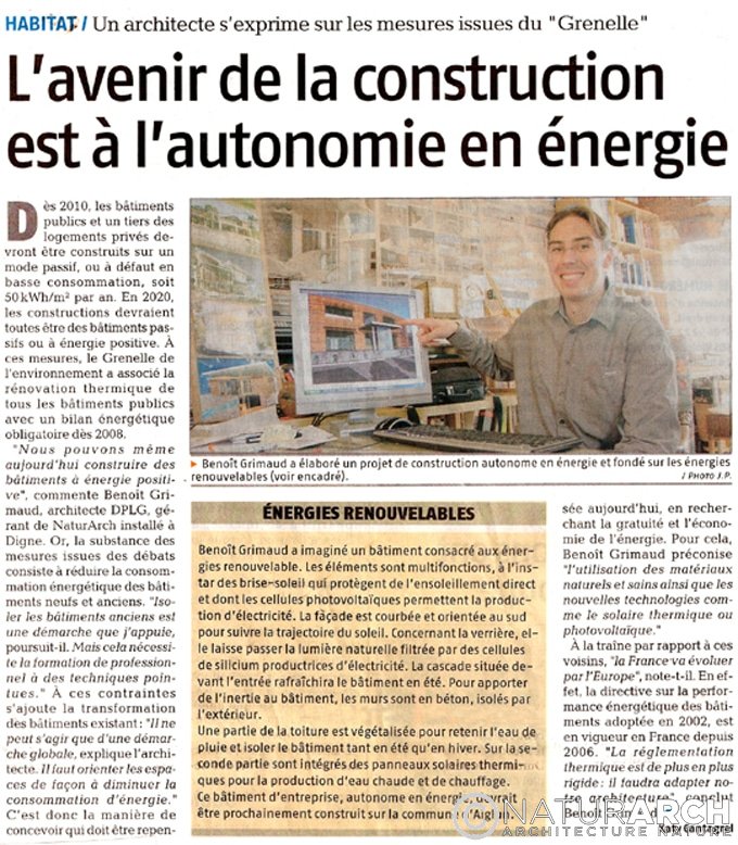 NaturARCH, Presse Eco La Provence Avenir autonomie en énergie, Architecture durable, PACA