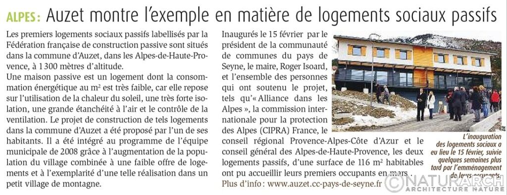 NaturARCH, Article PLM, Architecture haut de gamme, logements sociaux passifs, Auzet, Alpes-de-Haute-Provence