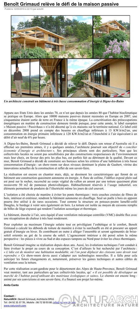 Benoît Grimaud NaturARCH, architecture durable, maison passive article